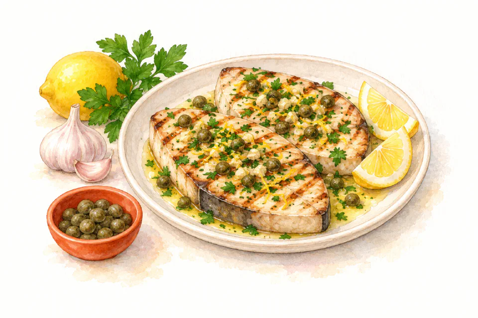 Watercolour illustration of grilled swordfish steaks with capers, parsley and lemon.