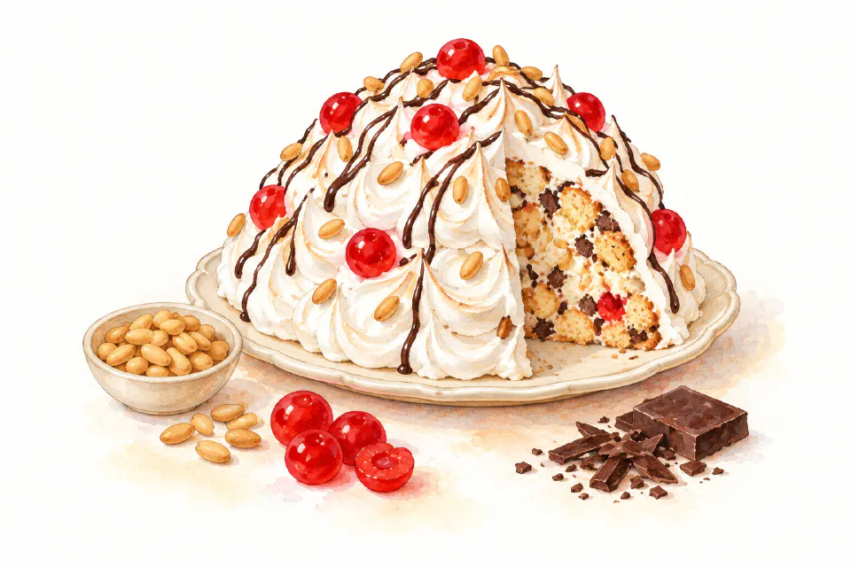 Watercolour illustration of domed Maltese Carnival cake with meringue, pine nuts, cherries and chocolate.