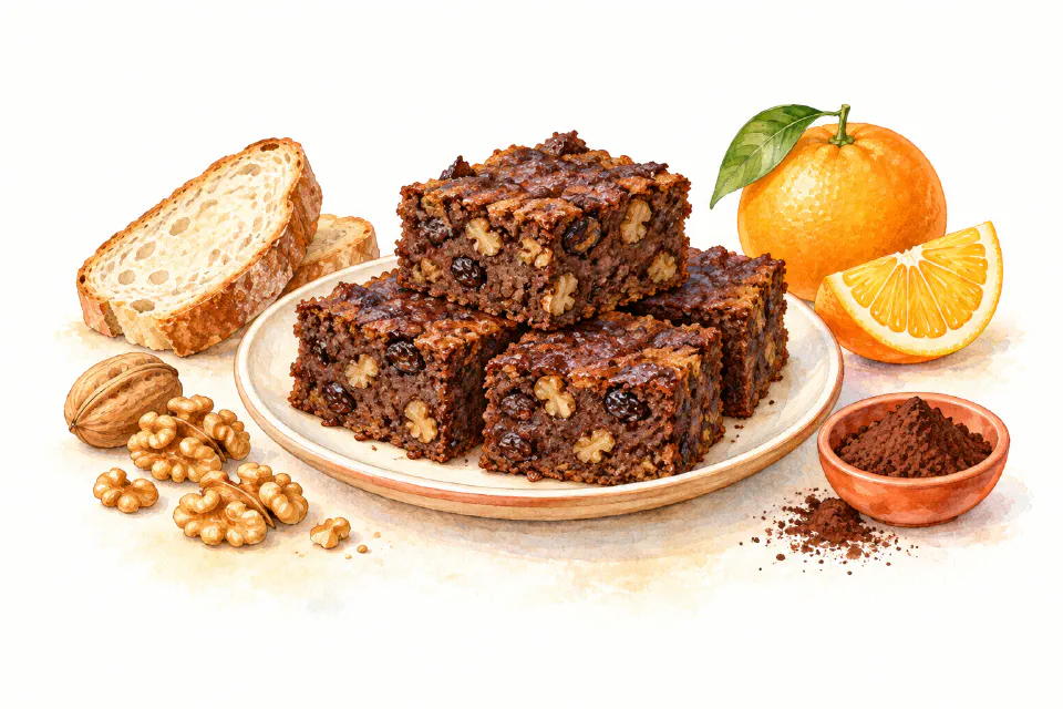 Watercolour illustration of dark Maltese bread-pudding squares with raisins, walnuts and citrus.