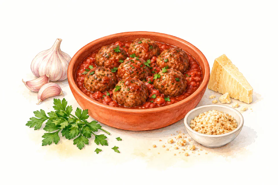 Watercolour illustration of Maltese meatballs in tomato sauce with parsley.