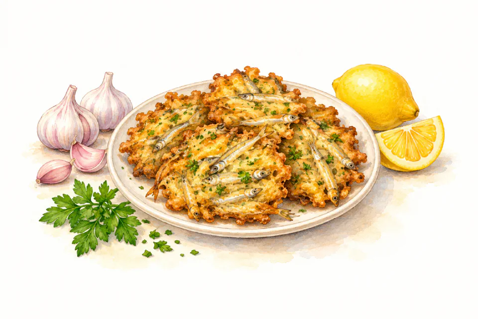 Watercolour illustration of crisp whitebait fritters with parsley and lemon wedges.