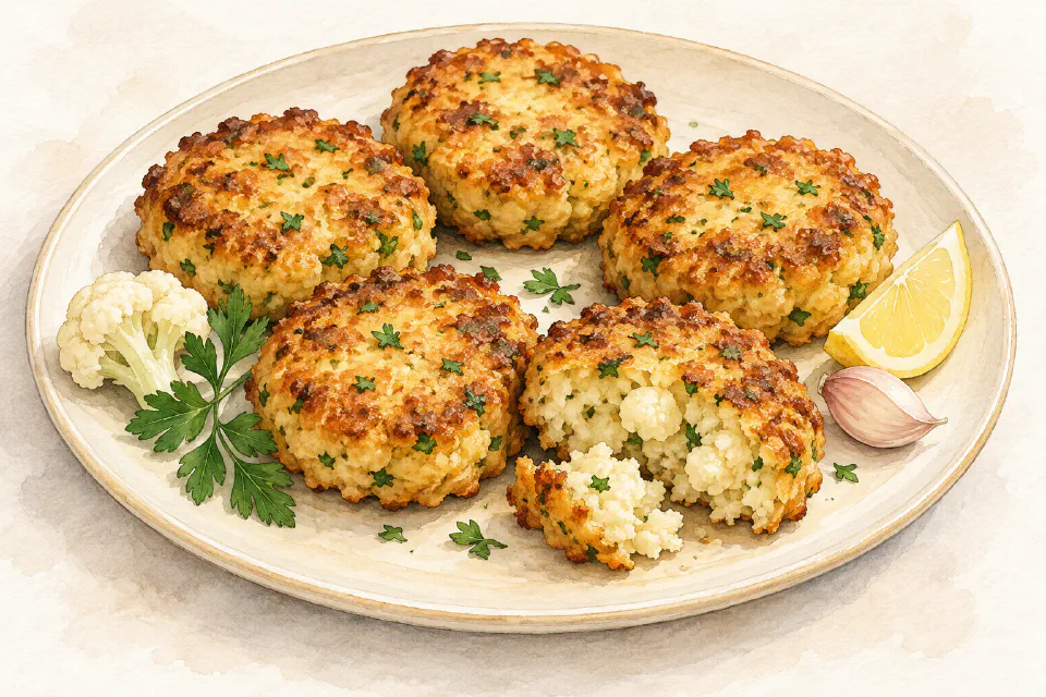 Watercolour illustration of golden Maltese cauliflower cakes with parsley, garlic and lemon.