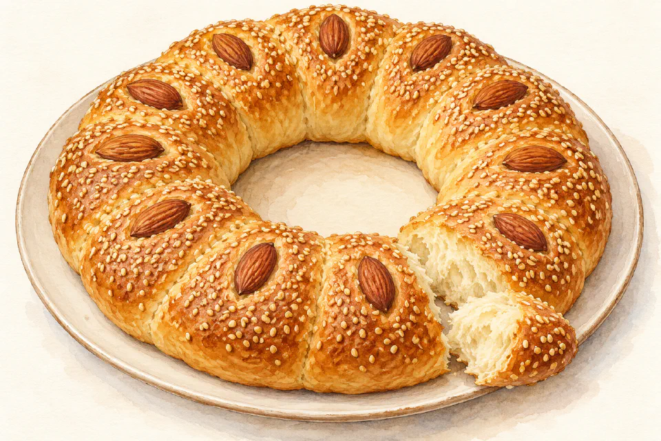 Watercolour illustration of a large Maltese Apostles bread ring with sesame seeds and whole almonds.