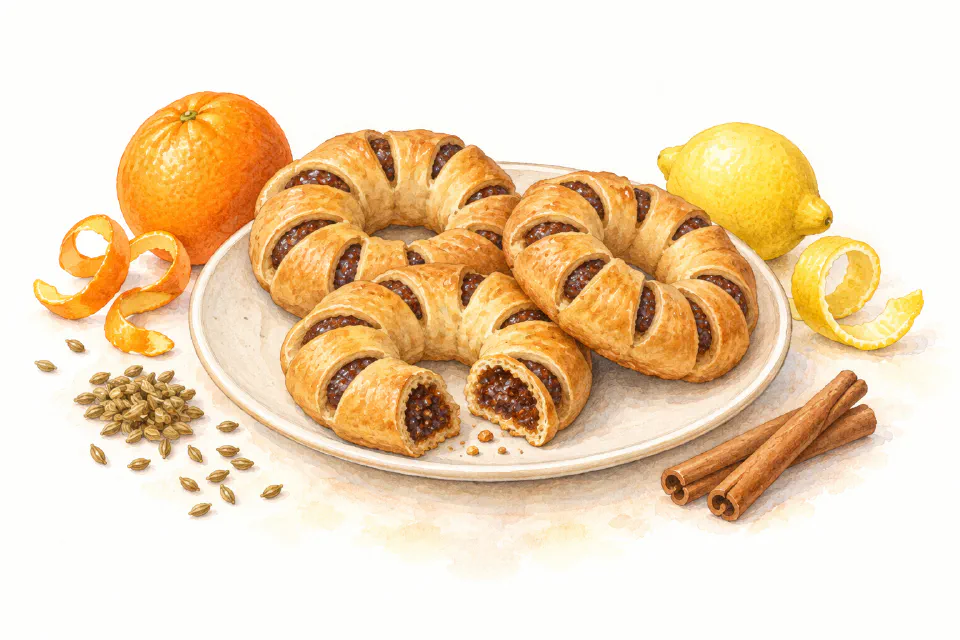 Watercolour illustration of Maltese pastry rings with dark treacle filling visible through small slashes.