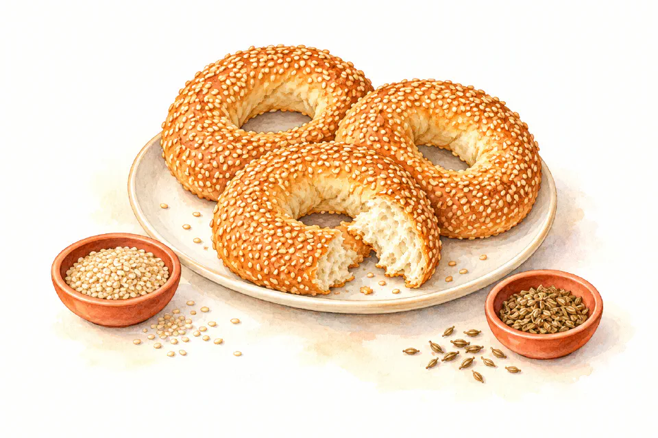 Watercolour illustration of golden Maltese sesame bread rings with a tender crumb.