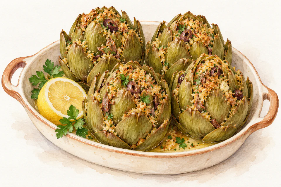 Watercolour illustration of whole Maltese artichokes stuffed with breadcrumbs, parsley, garlic and anchovies.