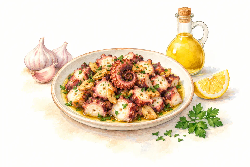 Watercolour illustration of cooked octopus pieces with garlic, parsley and lemon.