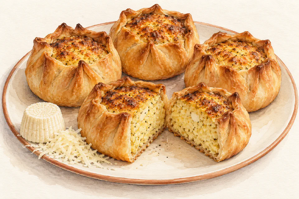 Watercolour illustration of Gozitan Easter qassatat with pleated pastry and browned dry-ġbejna and egg filling.