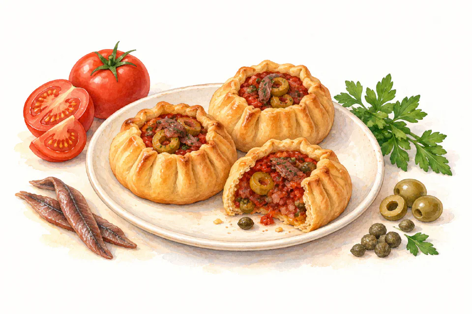 Watercolour illustration of pleated anchovy pies with tomato, olives and capers.