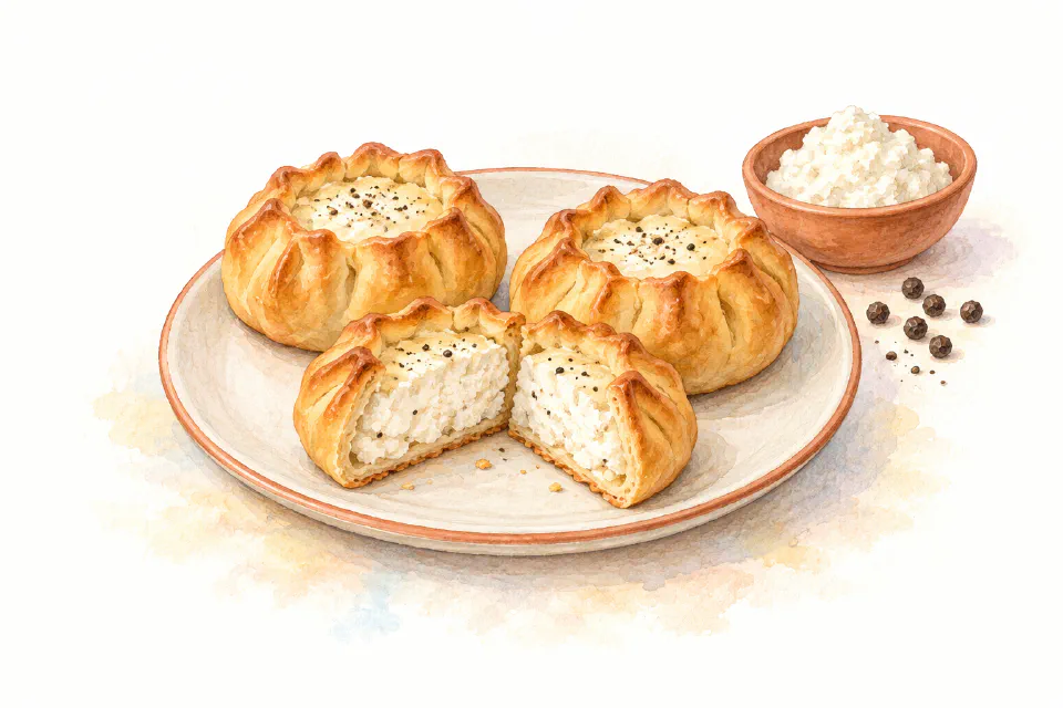 Watercolour illustration of golden pleated Maltese qassatat with white ricotta filling and black pepper.