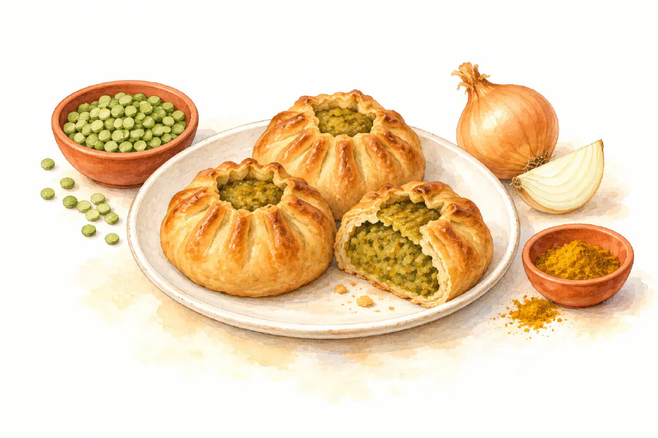 Watercolour illustration of round pleated Maltese pea pies with an open top.