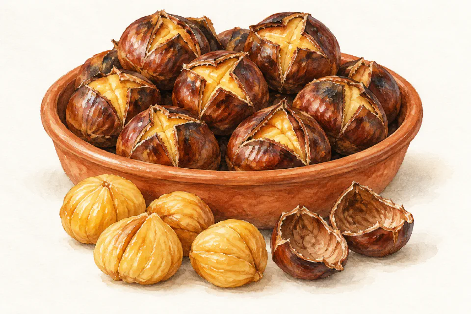 Watercolour illustration of roasted chestnuts with split brown shells and peeled golden chestnuts in a terracotta bowl.