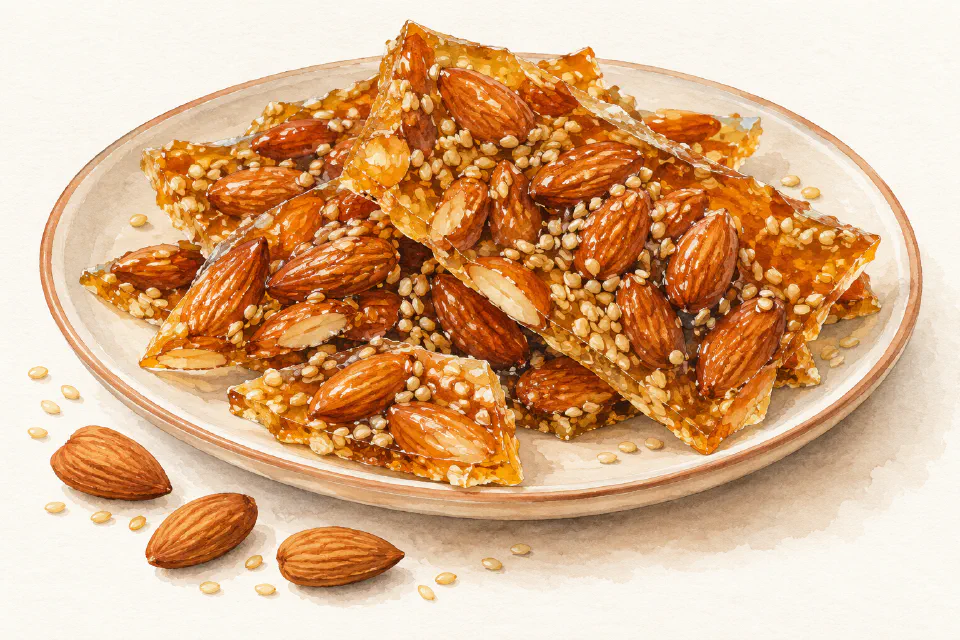 Watercolour illustration of Maltese hard qubbajt with whole almonds and sesame in amber caramel.
