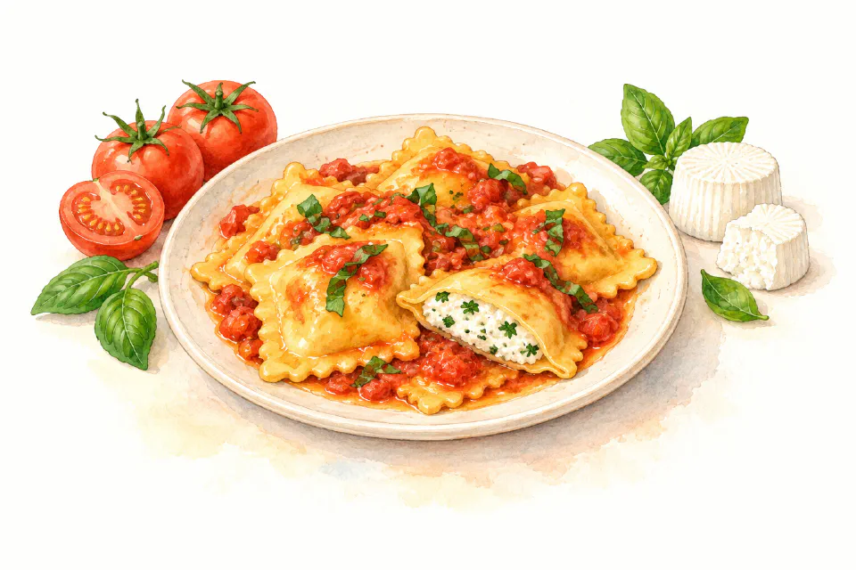 Watercolour illustration of Maltese sheep-cheese ravioli with tomato and basil sauce.