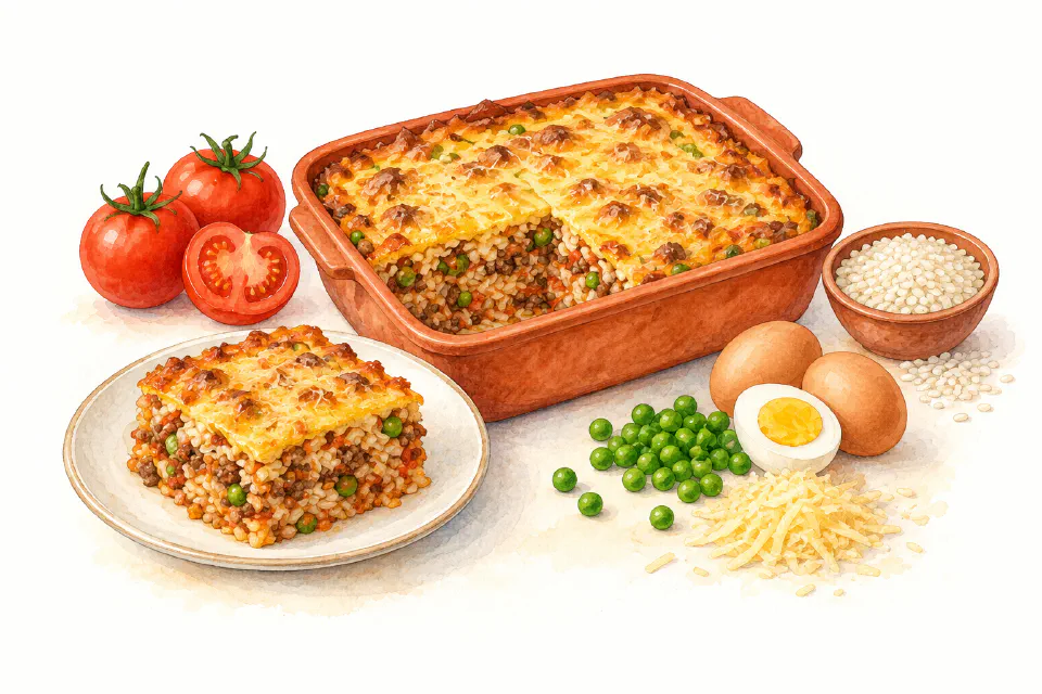 Watercolour illustration of Maltese baked rice with beef, tomato, peas and a golden crust.
