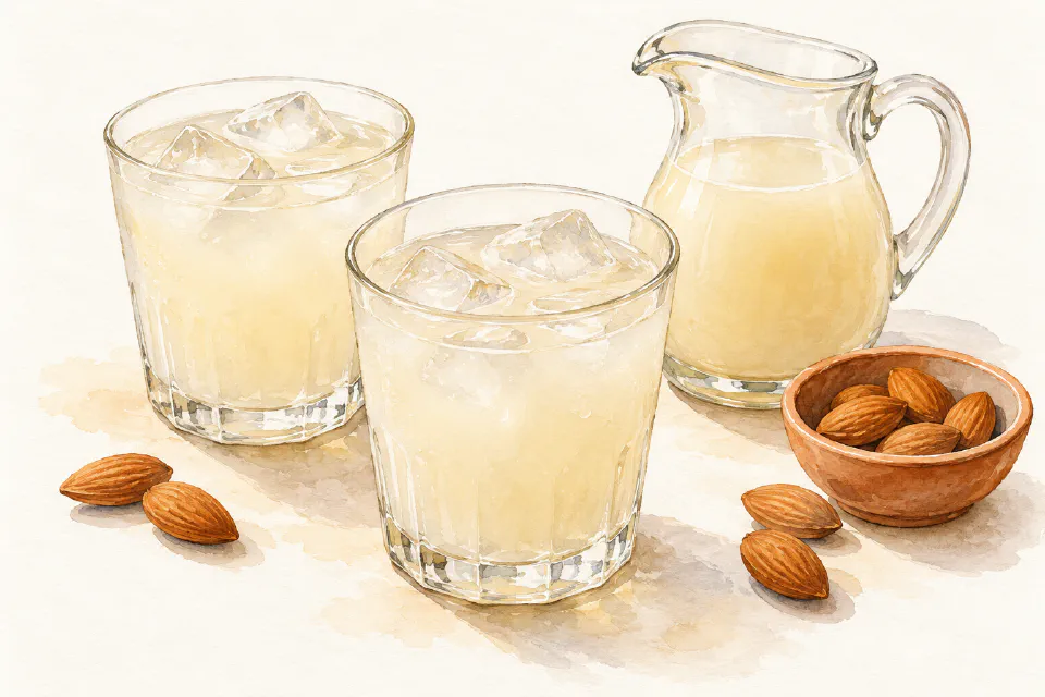 Watercolour illustration of chilled Maltese almond ruġġata in glasses with a small jug of cordial.