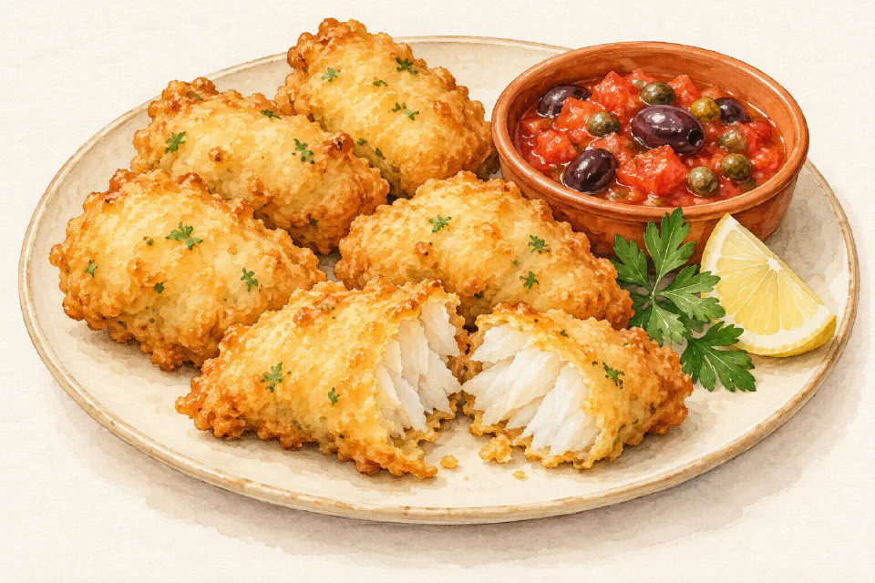 Watercolour illustration of golden Maltese salt-cod fritters with tomato, olive and caper sauce.