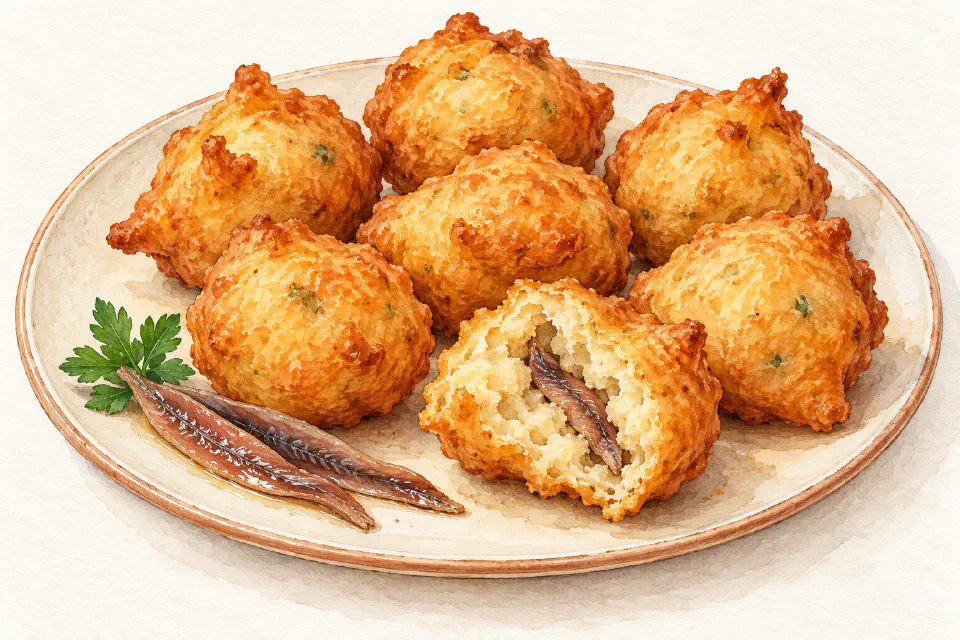 Watercolour illustration of golden Maltese anchovy fritters with one split open to show the filling.