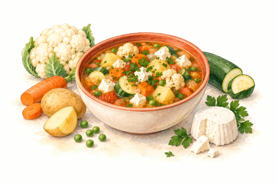 Watercolour illustration of vegetable soup with cauliflower, peas and fresh Maltese cheese.