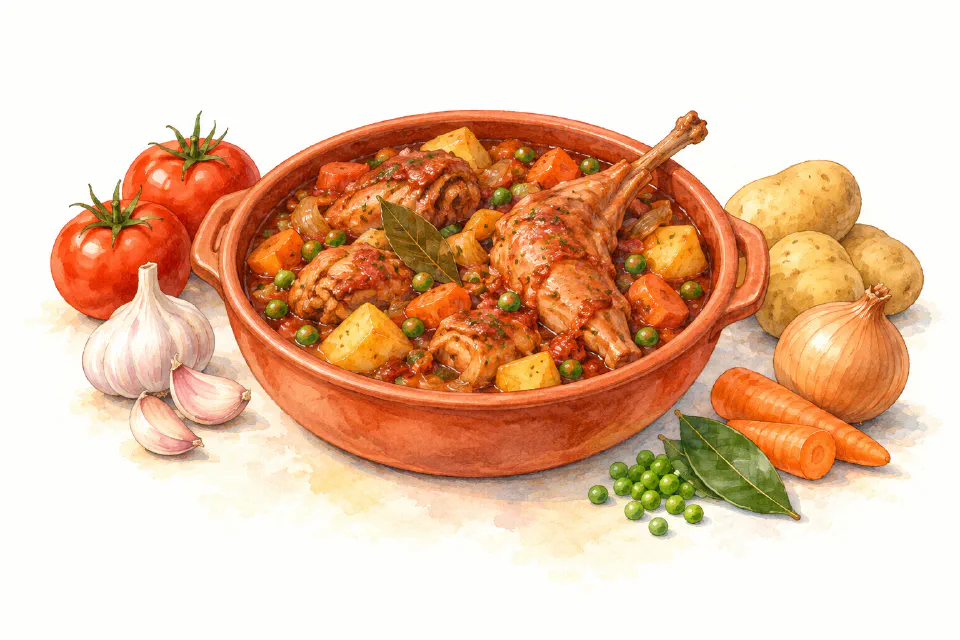 Watercolour illustration of Maltese rabbit stew with potatoes, carrots, peas and tomato sauce.