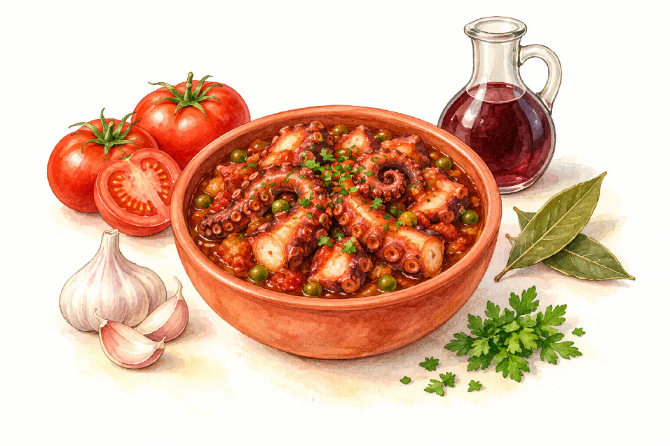 Watercolour illustration of octopus stew with tomato sauce, peas and parsley.