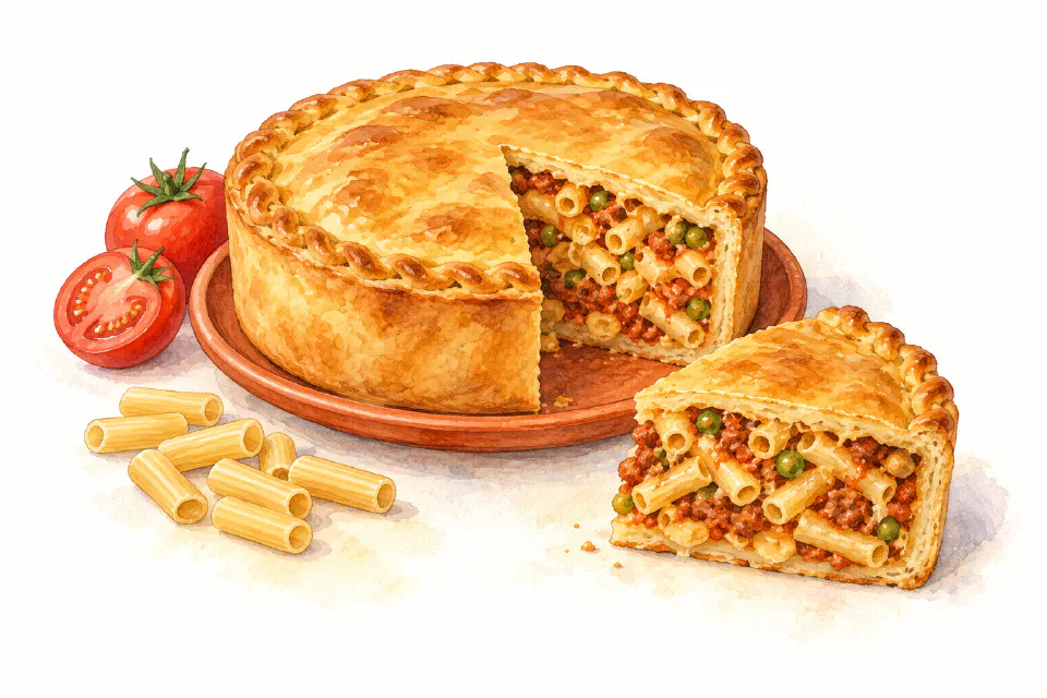 Watercolour illustration of golden macaroni pie with a cut wedge showing pasta and beef sauce.