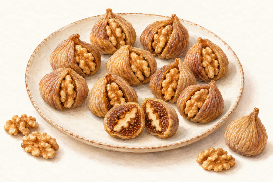 Watercolour illustration of soft dried figs filled with walnut halves on a cream plate.