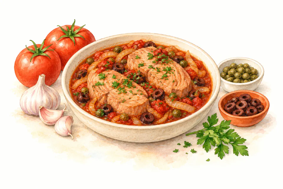 Watercolour illustration of tuna steaks in tomato sauce with olives, capers and parsley.