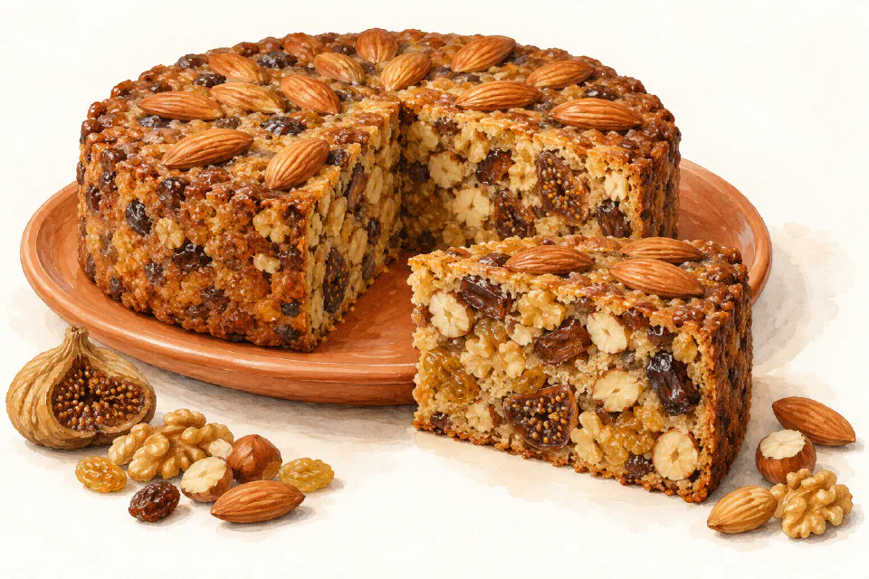 Watercolour illustration of St Martin fruit and nut cake with a cut slice showing dates, figs and nuts.