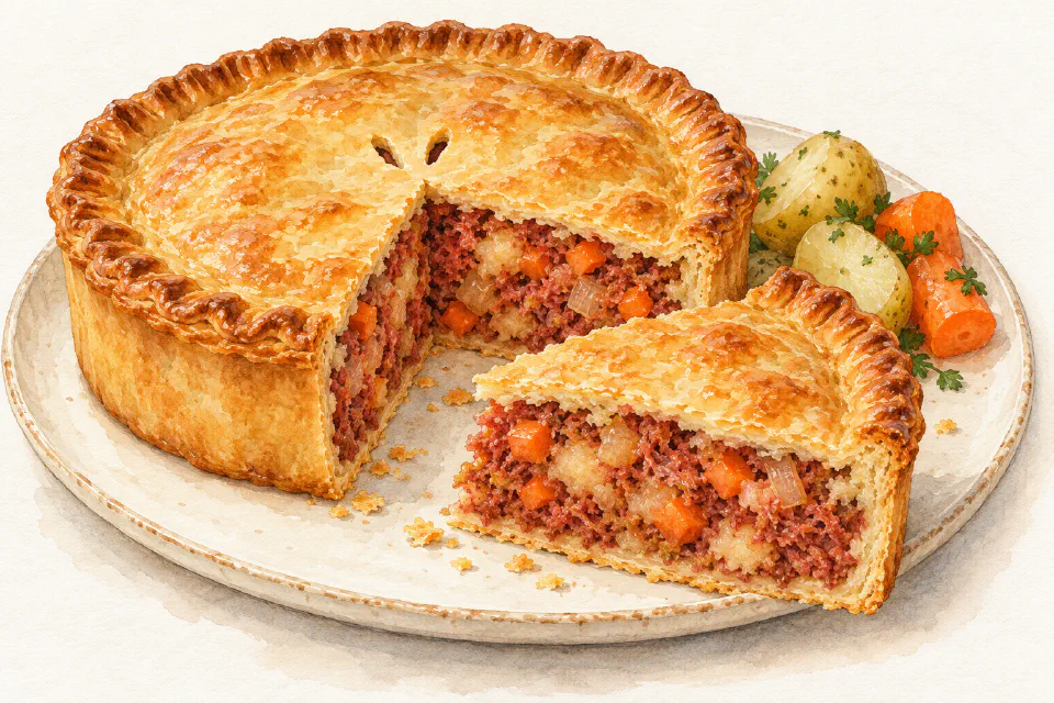 Watercolour illustration of Maltese corned-beef pie with potato, carrot and kunserva filling in golden shortcrust.