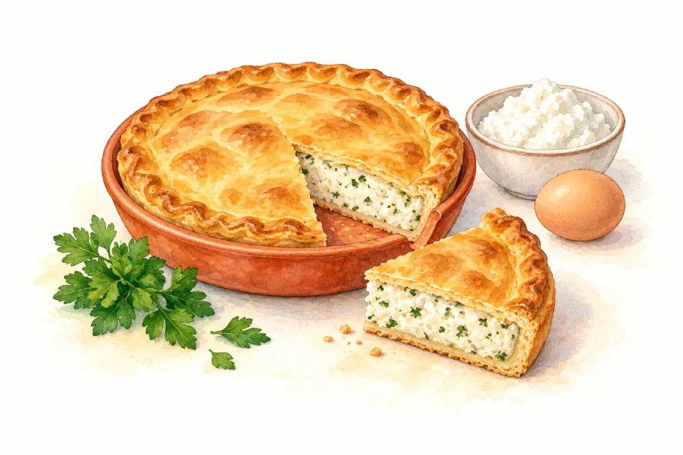 Watercolour illustration of savoury ricotta pie with a white cheese and parsley filling.