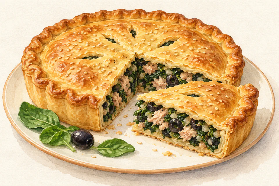 Watercolour illustration of Maltese spinach and tuna pie with a golden shortcrust lid and a cut wedge.