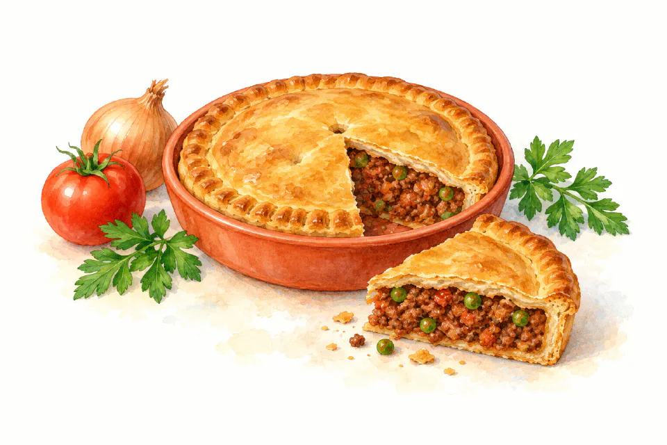 Watercolour illustration of Maltese meat pie with a cut slice showing beef, peas and tomato.