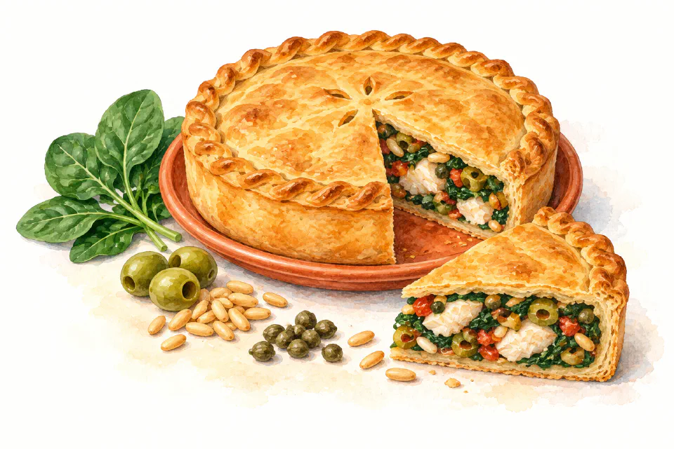 Watercolour illustration of a sliced lampuki pie filled with fish, spinach, olives and tomato.