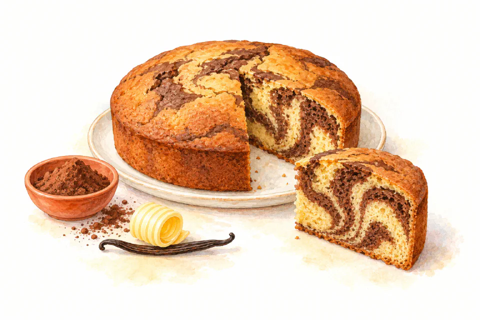 Watercolour illustration of a sliced vanilla and chocolate marble cake.