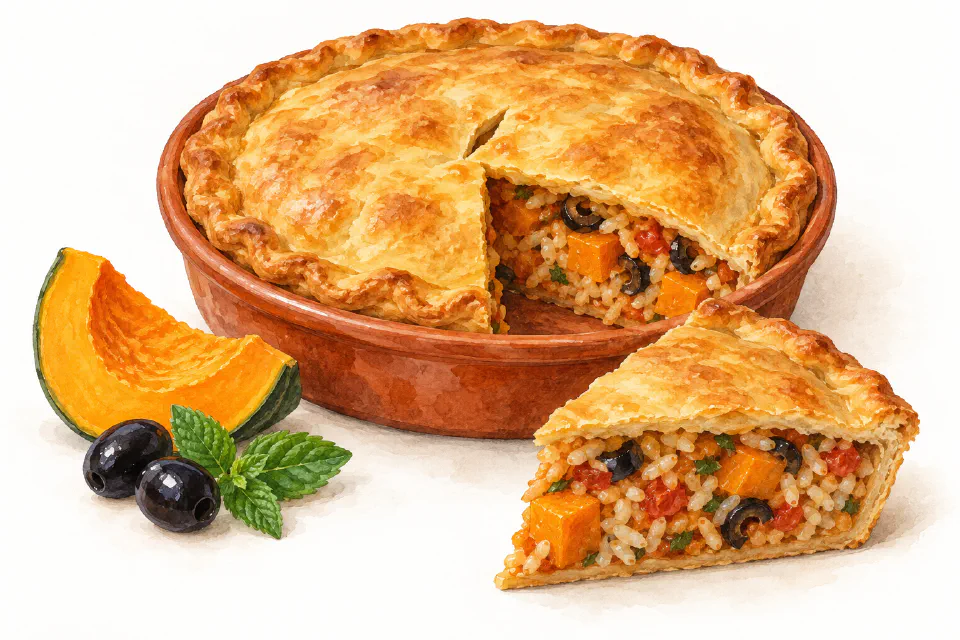 Watercolour illustration of a golden pumpkin pie with a cut slice showing orange pumpkin, rice, tomato and black olives.
