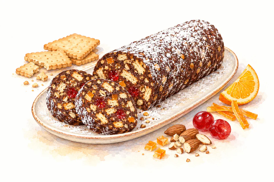 Watercolour illustration of Maltese chocolate biscuit Christmas log with nuts and candied fruit.