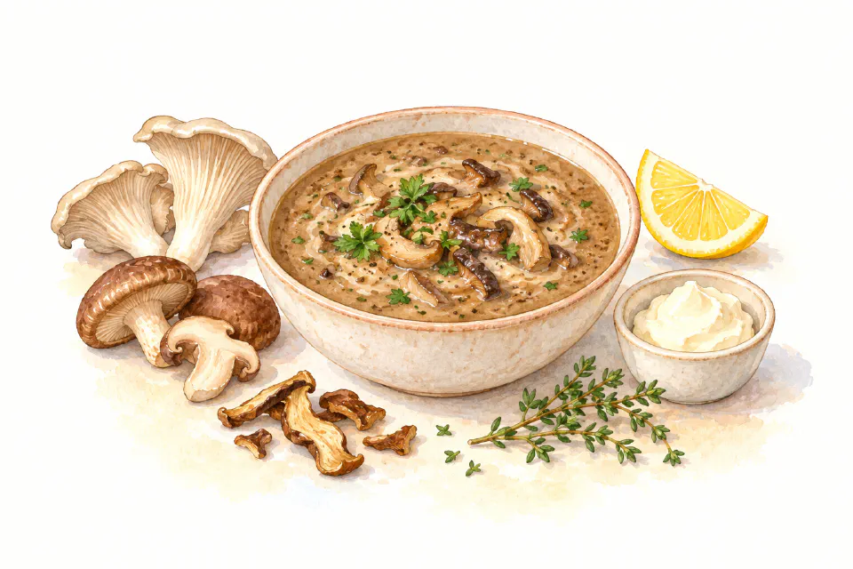 Watercolour illustration of earthy mushroom soup with mixed mushrooms, thyme and parsley.