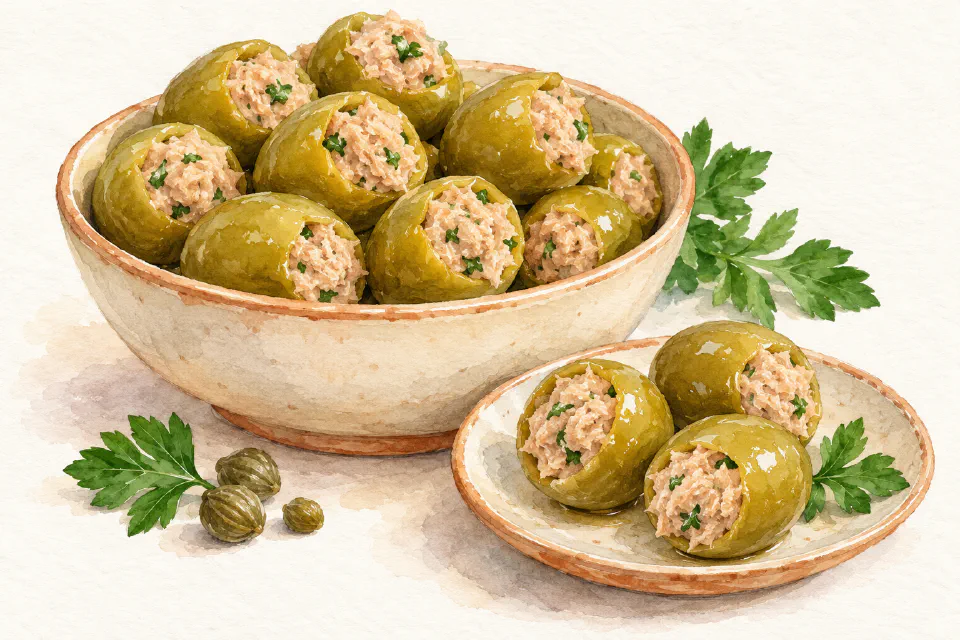 Watercolour illustration of large green Maltese olives stuffed with a tuna, anchovy and herb filling.