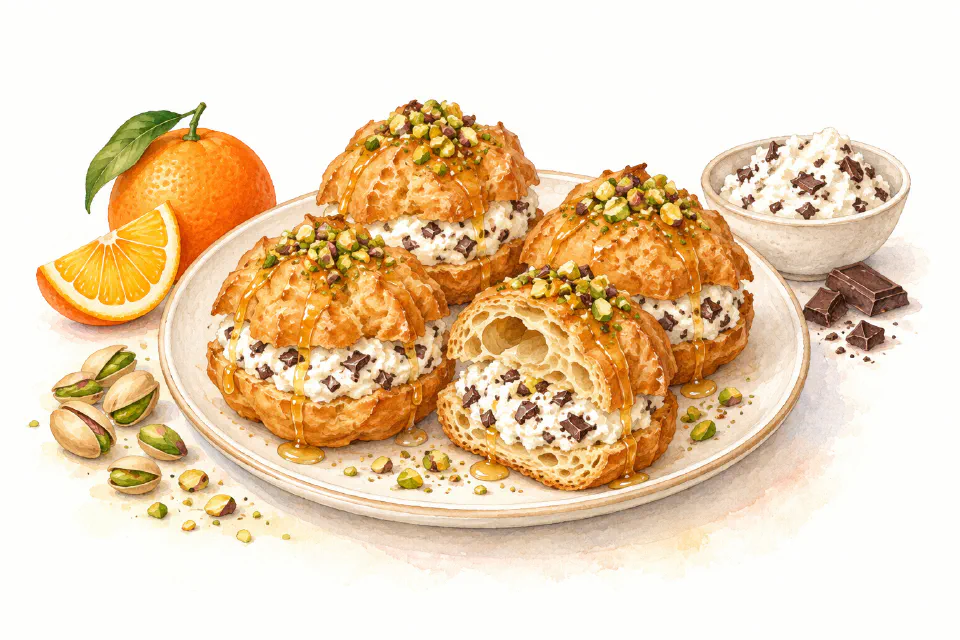Watercolour illustration of fried choux pastries filled with sweet ricotta and finished with honey and pistachios.